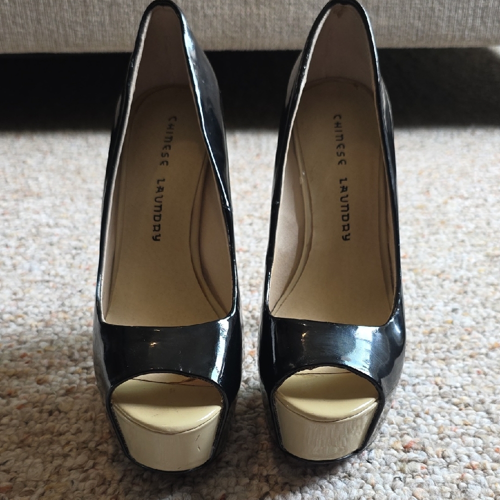 Chinese Laundry Black and Cream Peep Toe Heels